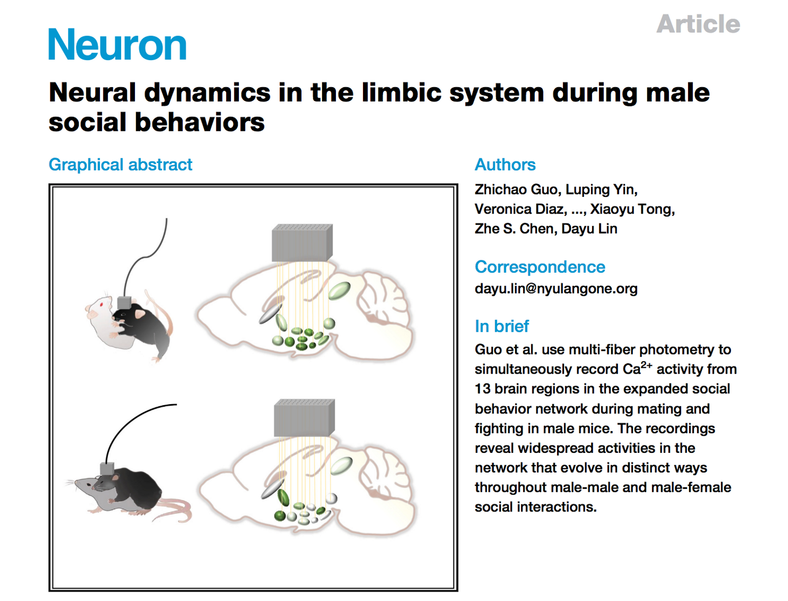 Paper on the neural dynamics of male aggression and mating published in Neuron